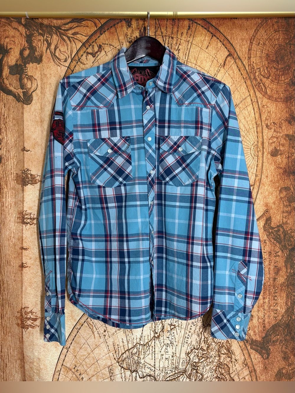 Fox 1974 Line Mens Long Sleeve Plaid Shirt Pearl Snap Up Medium Logo Arm Patch